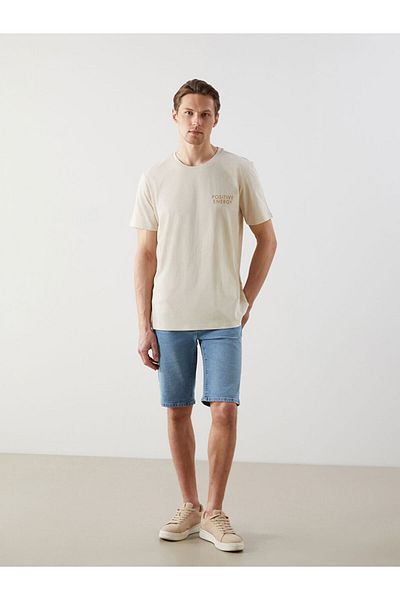 LC Waikiki Ανδρικό μπλουζάκι LCW ECO Beige Crew Neck με στάμπα από βαμβακερό χτενισμένο βαμβάκι