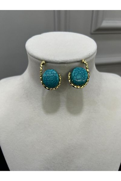 Store Natural Turquoise Stone Gold Detailed Steel Earrings