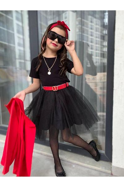 ELOMİA Girl's Jacket, Badi, Skirt, Belt 4 Piece Combination Set
