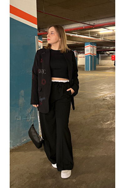 SACS Beli Boxer Detaylı Siyah Palazzo Pantolon