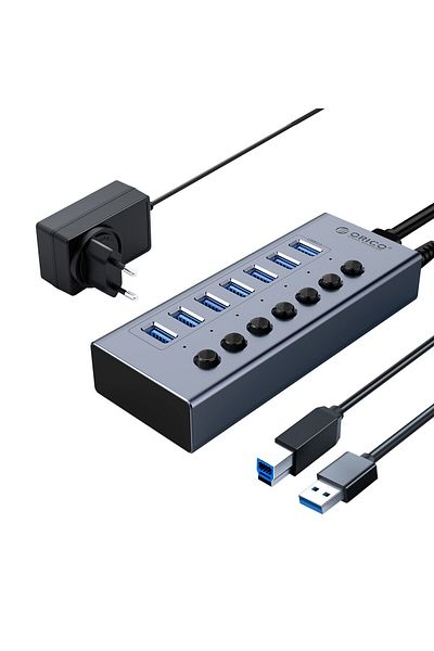 Orico موزع USB3.0 من ORICO مزود بـ 7 منافذ من الاتحاد الأوروبي، موزع صناعي من الألومنيوم مزود بـ 7 منافذ مع محول طاقة 12 فولت