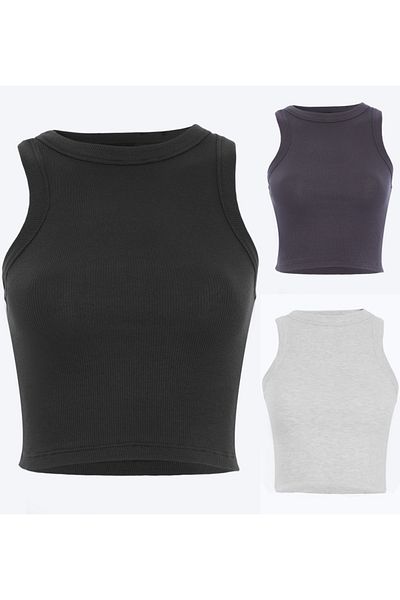 Maison La Femme Women's 3-Piece Ribbed Halter Neck Crop Tank Top
