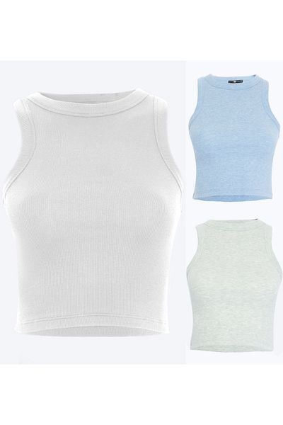 Maison La Femme Women's 3-Piece Ribbed Halter Neck Crop Tank Top