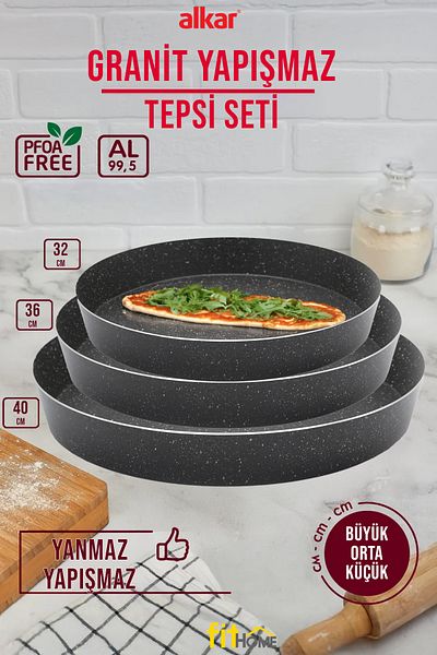 FİTHOME Granite Non-Stick Tray Set 32-36-40 cm Oven Tray