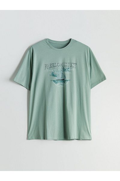 LC Waikiki Green Crew Neck Printed Combed Cotton Men's T-Shirt