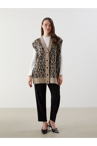 LC Waikiki Lcw Grace Black V-Neck Patterned Women's Knitwear Vest