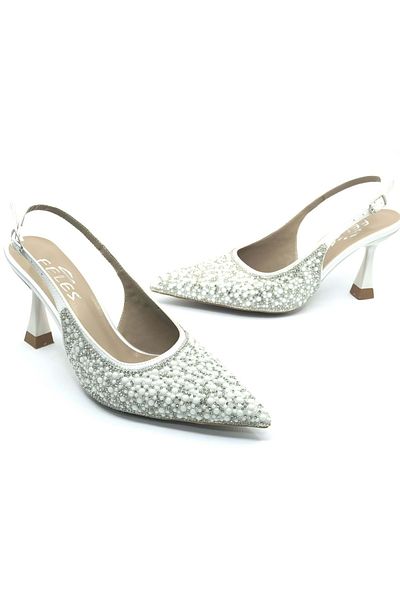 Kids Club Shoes Pantofi de rochie de mireasă Feles albi - Tocuri stiletto cu spate deschis cu detaliu de piatră