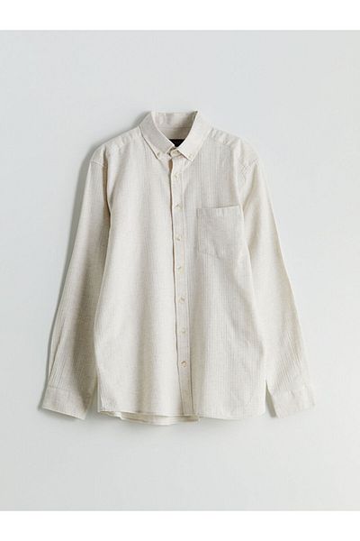 LC Waikiki Southblue Beige Regular Fit Long Sleeve Linen Blended Men's Shirt