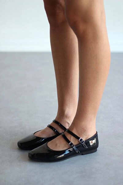 Kids Club Shoes Balerina de damă Seribo cu cataramă dublă NEGRĂ-Brevet