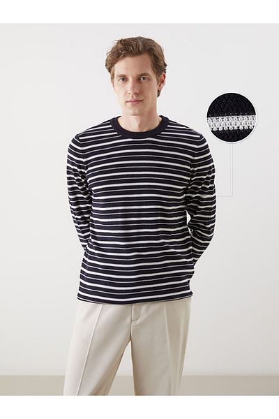 LC Waikiki Crew Neck Striped Men's Textured Knitwear Sweater