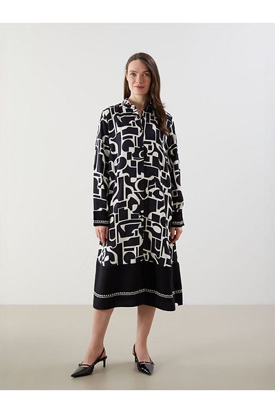 LC Waikiki Lcw Grace Black Belted Patterned Shirt Dress
