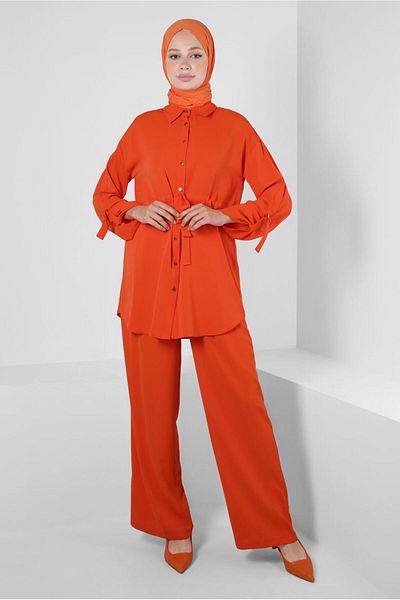 Alvina Shirt Collar and Tie Detailed Trousers Set - 43684