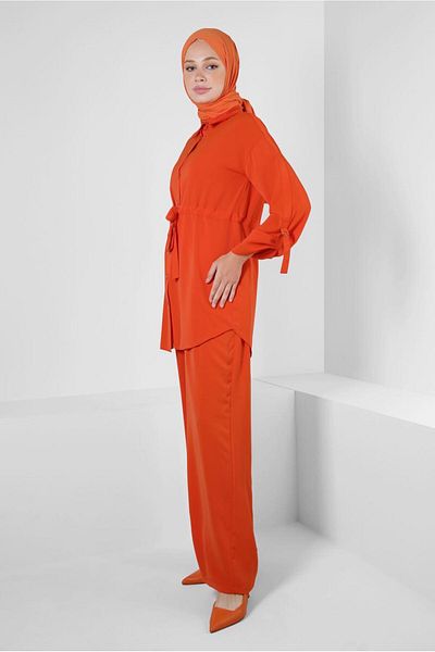 Alvina Shirt Collar and Tie Detailed Trousers Set - 43684