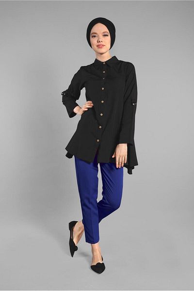 TRENDTESETTÜR Women's Black Button Detailed Cotton Tunic 1912