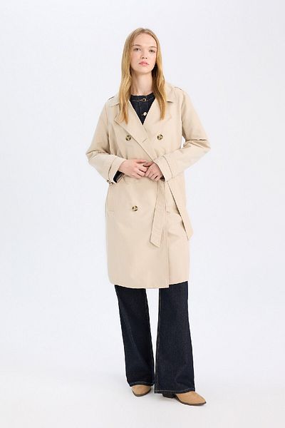 DeFacto Seasonal Water Repellent Trench Coat - Double Breasted Neckline, Button Pocket, Belt, Epaulettes A0593Ax24Au