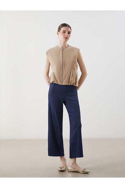 LC Waikiki Lcw Modest Navy Blue Women's Elastic Waist Textured Pants
