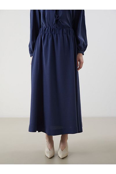 LC Waikiki Lcw Modest Navy Blue Elastic Waist Linen Blended Skirt