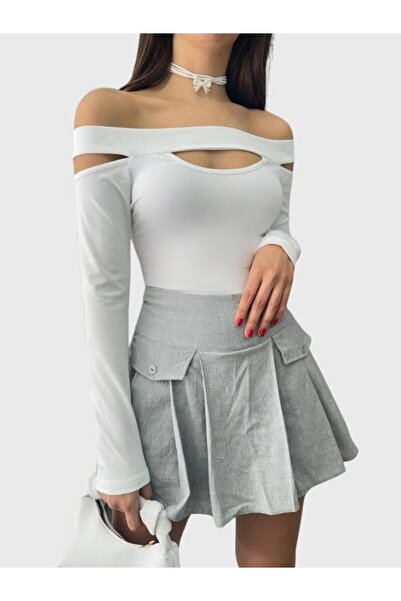 MODAMARKET Bluză de toamnă cu mânecă lungă, albă, cu decolteu în formă de barcă, cu detaliu decoltat, cu umăr deschis, Berryls