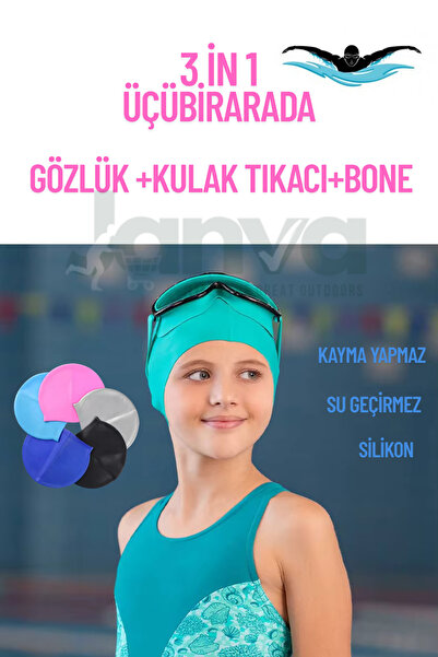 Janva Çocuk-Genç Havuz Deniz Yüzme Seti Silikon Bone + Gözlük + Tıkaç 3 in 1