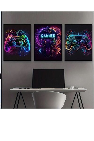 Vision 3 Piece Canvas Wall Art Set Stretched on Wooden Frame with Video Game Design Without Borders