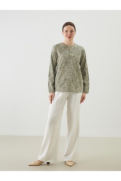 LC Waikiki Lcw Grace Khaki Lace-Up Collar Floral Women's Blouse