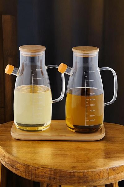 Mirilliahome Glass Bamboo Lid Oil Pot Set with Bamboo Stand – Set of 2