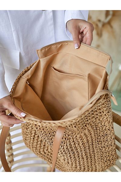 FASHION COCKTAIL Τσάντα από ψάθινη παραλία διακοπών με τσέπη με φερμουάρ και τετράγωνο πλέγμα