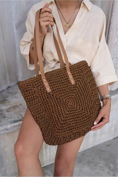 FASHION COCKTAIL Τσάντα από ψάθινη παραλία διακοπών με τσέπη με φερμουάρ και τετράγωνο πλέγμα