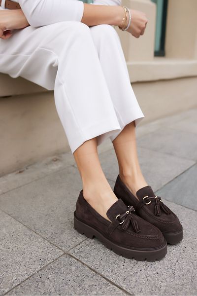 ANGELİNA JONES Gray Women's Brown Real Suede Tassel Detail Eva Sole Loafer Shoes