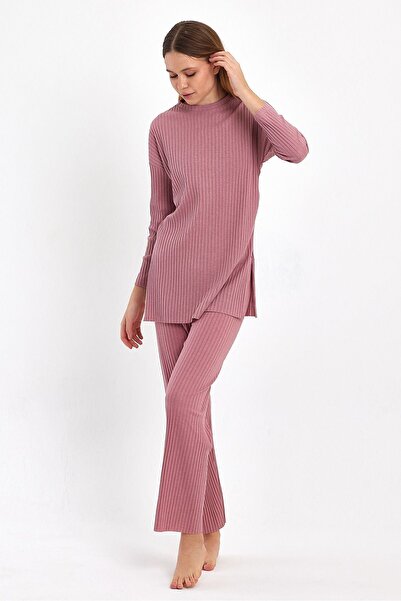 Oyga Women's Pink Women's Ribbed Report & Sweatpants, Casual Home Wear Pajamas Set