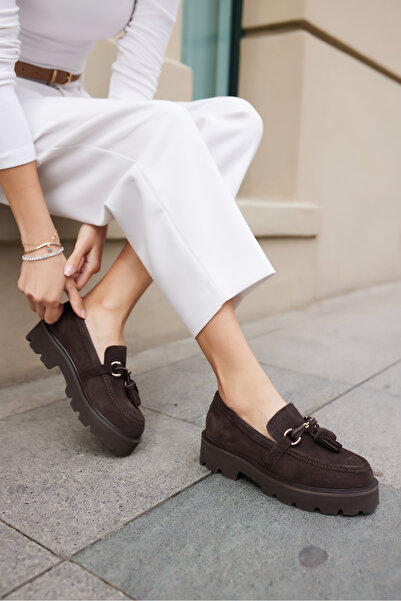 ANGELİNA JONES Šedé dámské hnědé semišové mokasíny s detaily z pravé kůže a EVA podrážkou