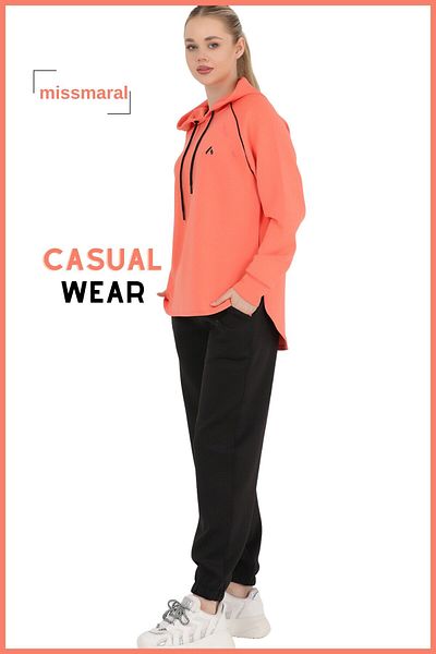 missmaral Set de trening de jogger pentru femei, negru portocaliu, top oversize cu glugă și fund elastic cu buzunar pentru picior 3070