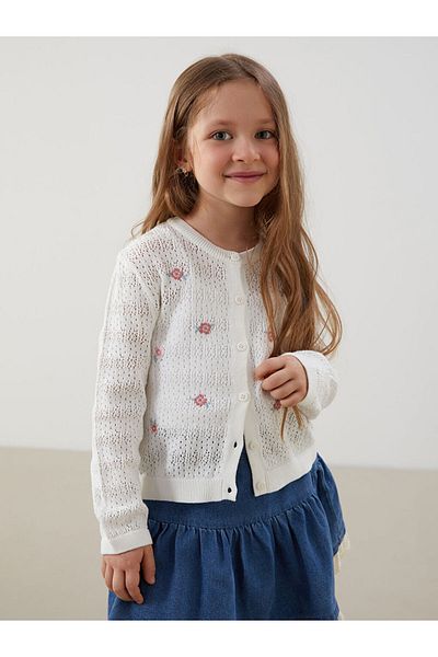 LC Waikiki Lcw Kids Ecru Crew Neck Lace Girl's Knitwear Cardigan