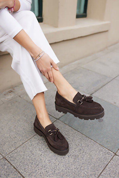 ANGELİNA JONES Šedé dámské hnědé semišové mokasíny s detaily z pravé kůže a EVA podrážkou