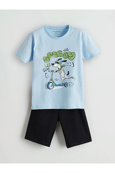 LC Waikiki Set de pijamale pentru băieți LCW Kids Blue Crew Gât cu pantaloni scurți