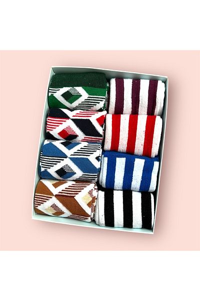 UZN SOCKS 8 ΖΕΥΓΑ ΒΑΜΒΑΚΙ ΣΕ ΚΟΥΤΙ ΠΟΛΥΧΡΩΜΑΤΑ ΣΧΕΔΙΑ UNISEX ΜΑΚΡΙΕΣ ΚΑΛΤΣΕΣ