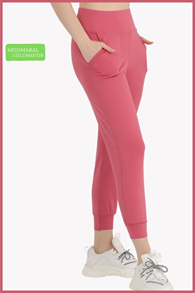missmaral Women's Curve Tracksuit Bottom Dusty Rose Jogger Diving Fabric High Waist Double Pocket Joggers 1061
