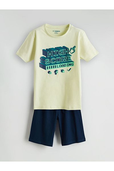LC Waikiki Lcw Kids Green Crew Neck Boy's Pajamas Set with Shorts