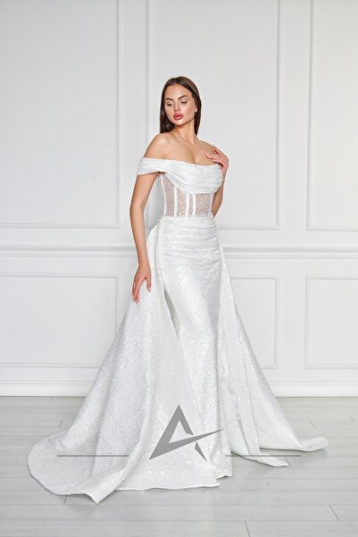 Alonclia Boncuk İşlemeli Off Shoulder Kol Detaylı Balık Gelinlik (AL306-23)