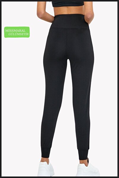 missmaral Kadın Eşofman Alt Siyah Curve Jogger Dalgıç Kumaş Yüksek Bel Çift Cepli Joggers 1061