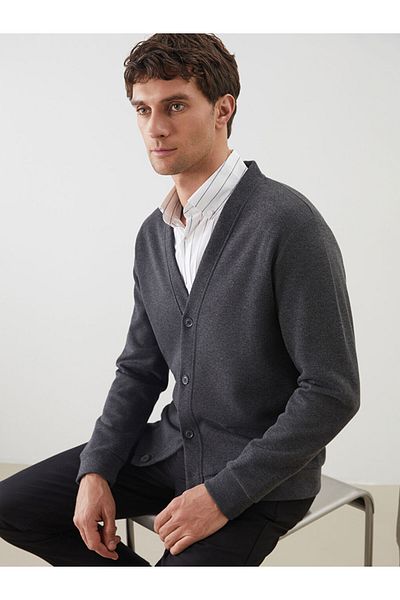 LC Waikiki Southblue Anthracite Standard Fit V-Neck Men's Sports Cardigan
