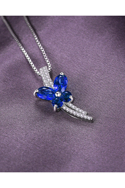 Brezza Lusso Jewelry Safir Taşlı Işıltılı Diamond Fiyonk Kelebek Kadın Gümüş Kolye