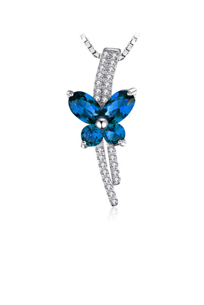Brezza Lusso Jewelry Safir Taşlı Işıltılı Diamond Fiyonk Kelebek Kadın Gümüş Kolye