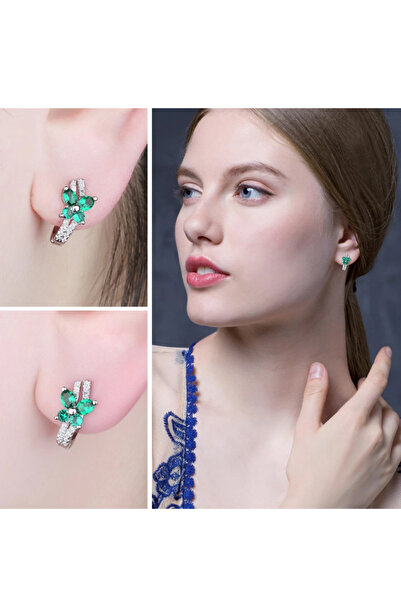 Brezza Lusso Jewelry Zümrüt Taşlı Işıltılı Diamond Fiyonk Kelebek Kadın Gümüş Küpe