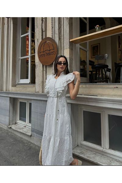 Astrea Butik White Cotton Fisto Dress with Sleevless Flywheel Detail and Lace up Waist