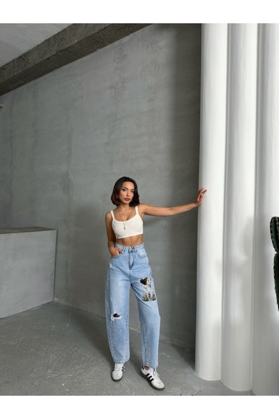 ADA MODA Blugi baggy elastici cu desen imprimat