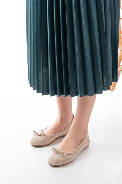 Mida Shoes 6101 Bej Süet Fiyonklu Günlük Kadın Babet