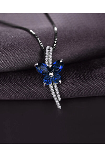 Brezza Lusso Jewelry Safir Taşlı Işıltılı Diamond Fiyonk Kelebek Kadın Gümüş Kolye
