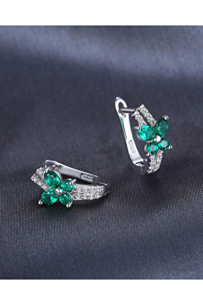 Brezza Lusso Jewelry Zümrüt Taşlı Işıltılı Diamond Fiyonk Kelebek Kadın Gümüş Küpe