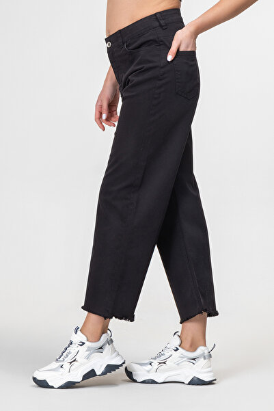 Bold & Young Women's Wide Leg Five Pocket Leg Fringed Lycra Cotton Trousers